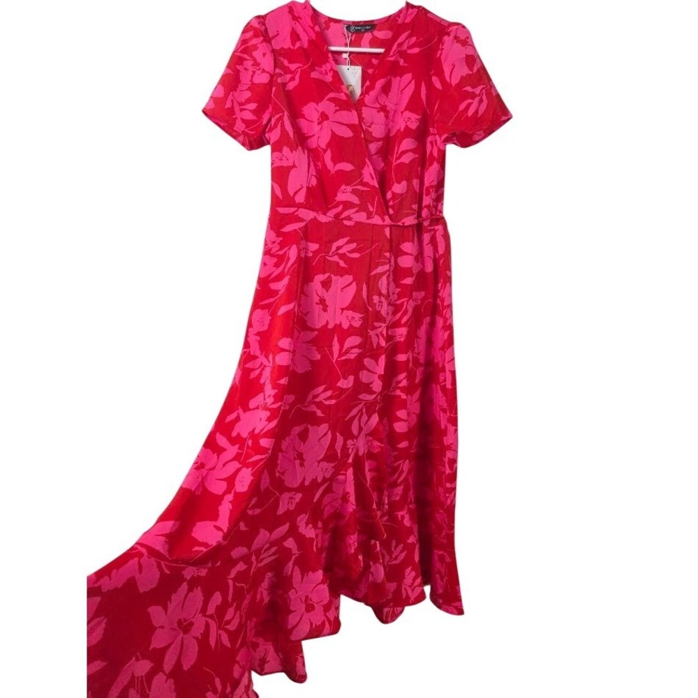 PrettyGarden Wrap Dress Womens XS Red Pink Floral Resort Summer Maxi